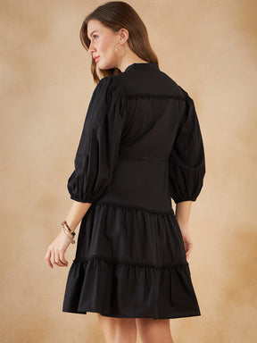 Black Cotton Poplin Lace Detail Knee Length Dress