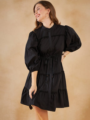 Black Cotton Poplin Lace Detail Knee Length Dress