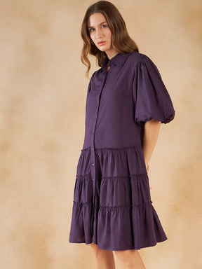 Deep Purple Solid Tiered Knee Length Dress