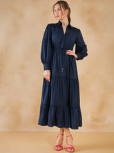Navy Solid Lace Detail  Tiered Maxi Shirt Dress