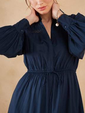Navy Solid Lace Detail  Tiered Maxi Shirt Dress