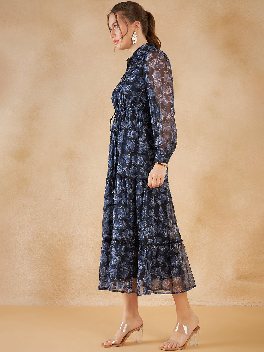 Navy Floral Printed Lace Detail  Tiered Maxi Shirt Dress