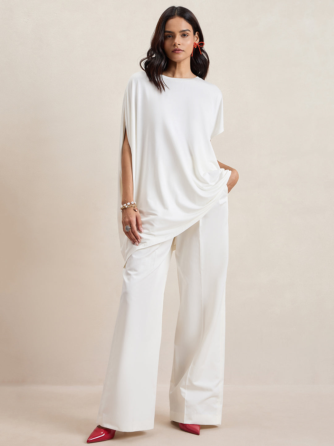Bamboo White Knit Oversize Asymmetrical Top