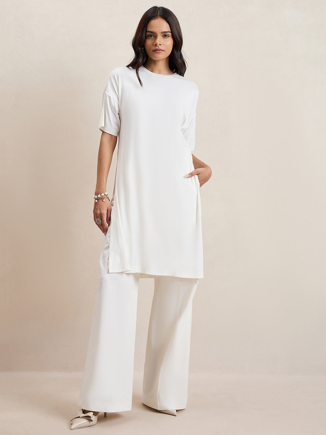 Bamboo White Knit Slit Detail Top
