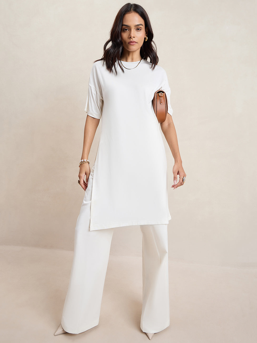 Bamboo White Knit Slit Detail Top
