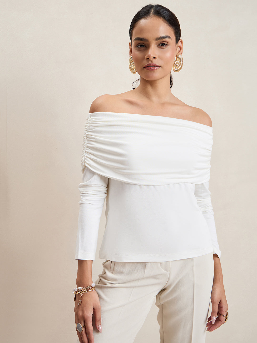 Bamboo White Knit Off Shoulder Top