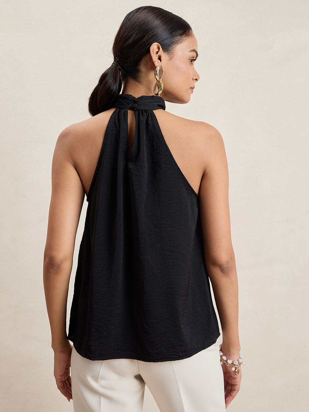 Black Satin Twist Neck Halter Top