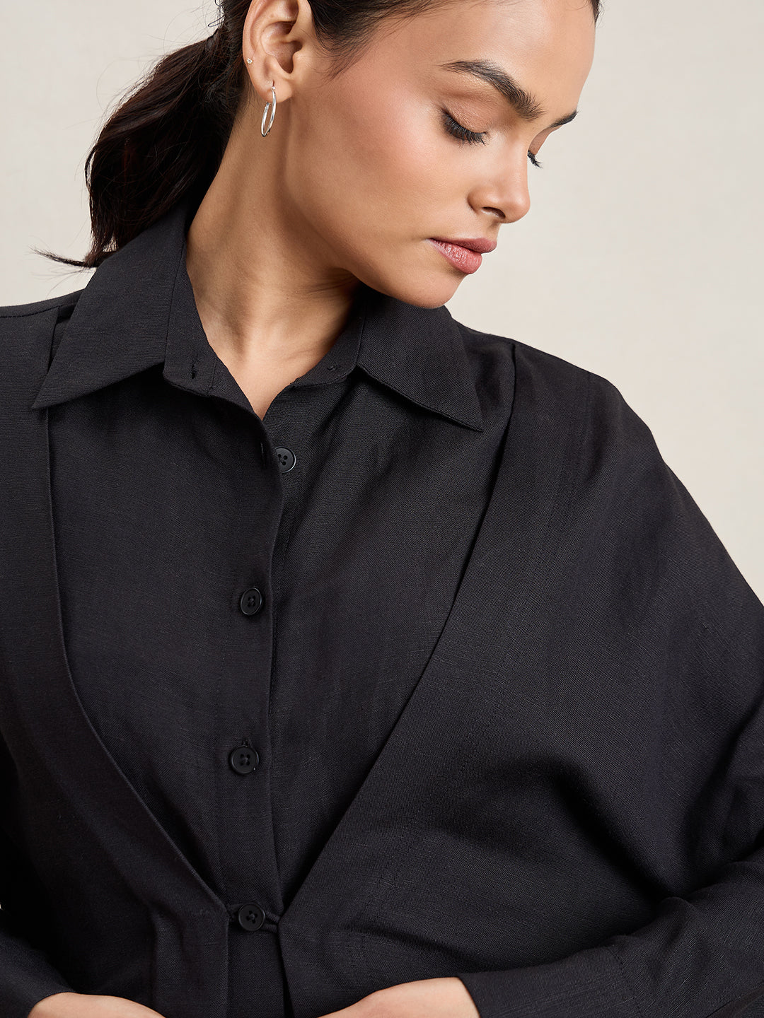 Linen Blend Black Button Down Midi Dress