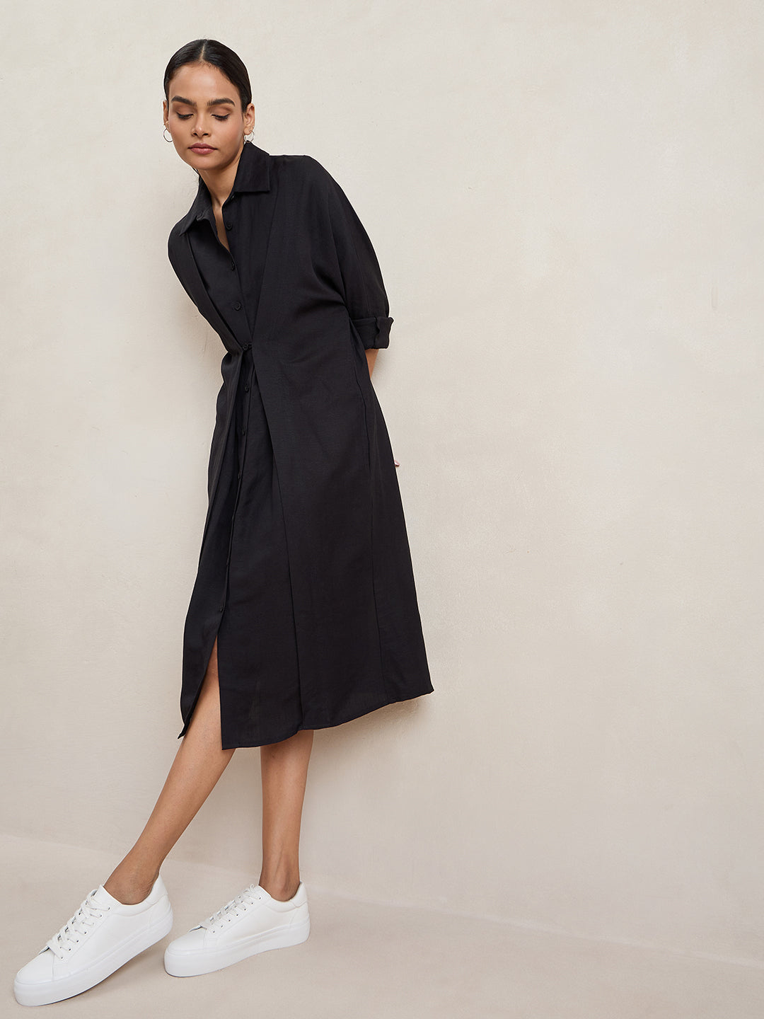 Linen Blend Black Button Down Midi Dress - Main Image