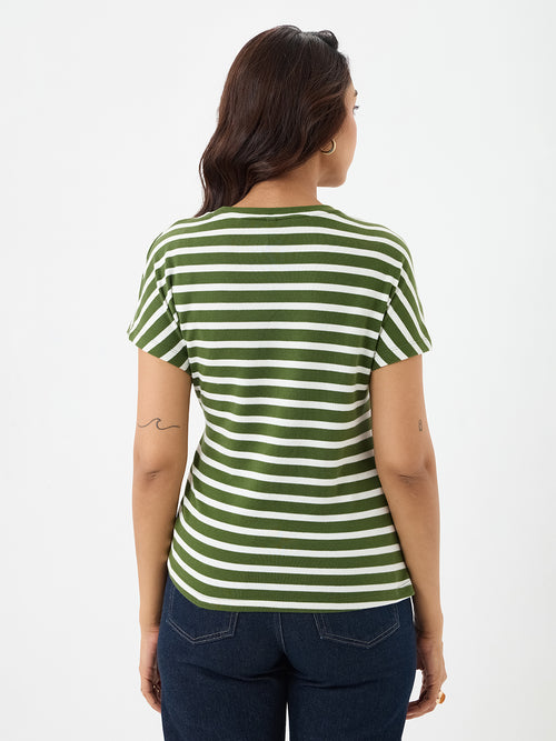 Olive Cotton Stripe Tie-Up T-Shirt