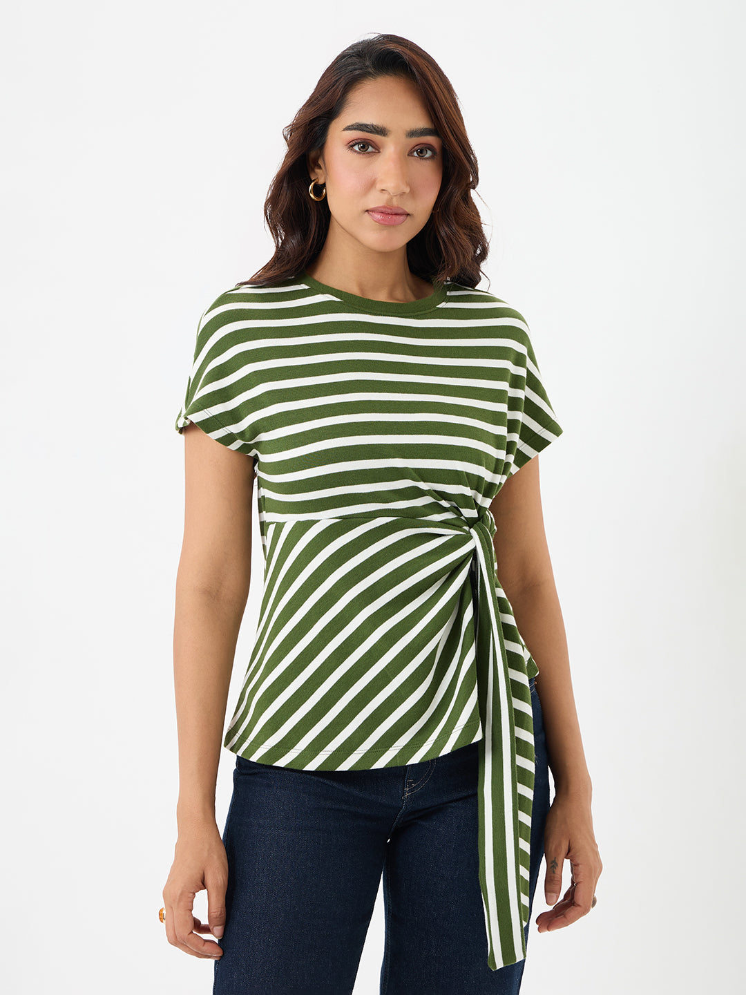 Olive Cotton Stripe Tie-Up T-Shirt