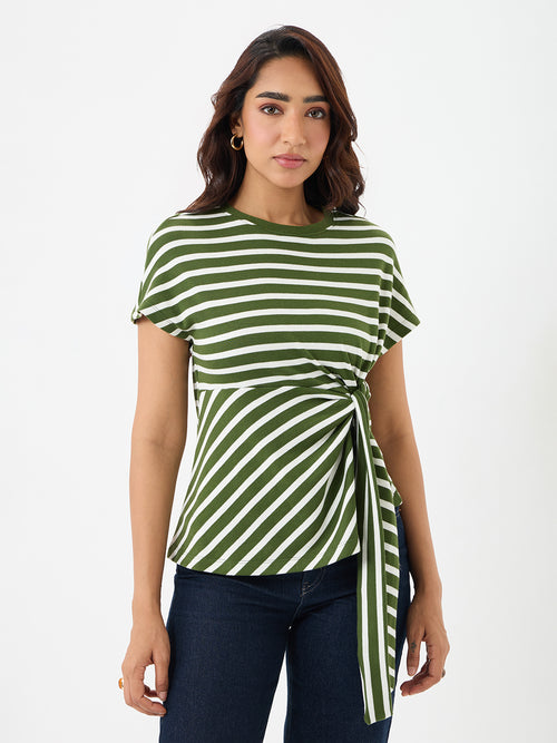 Olive Cotton Stripe Tie-Up T-Shirt