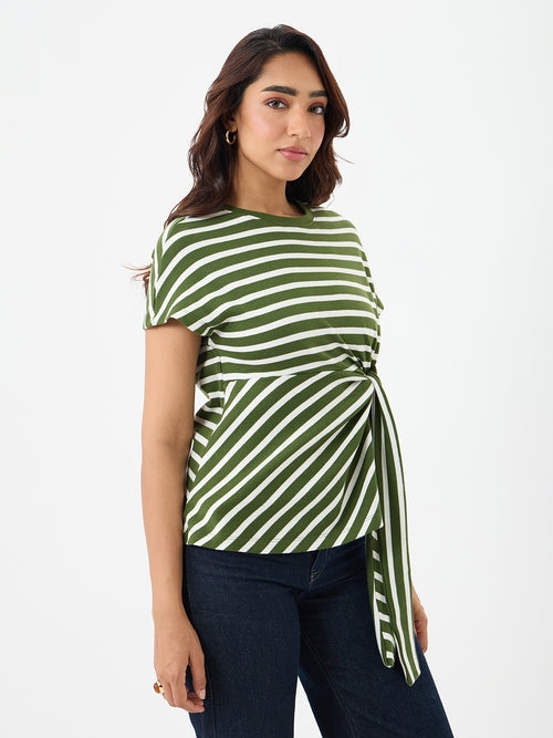 Olive Cotton Stripe Tie-Up T-Shirt