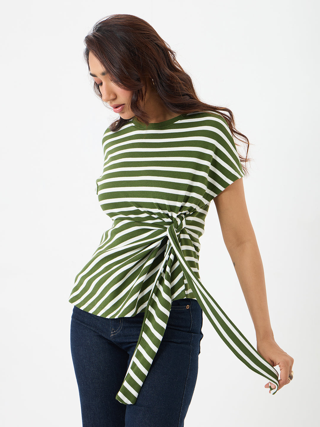 Olive Cotton Stripe Tie-Up T-Shirt