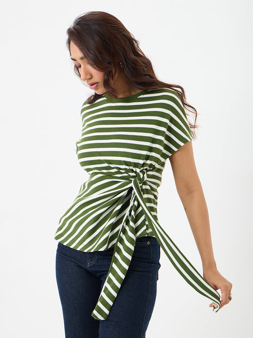 Olive Cotton Stripe Tie-Up T-Shirt