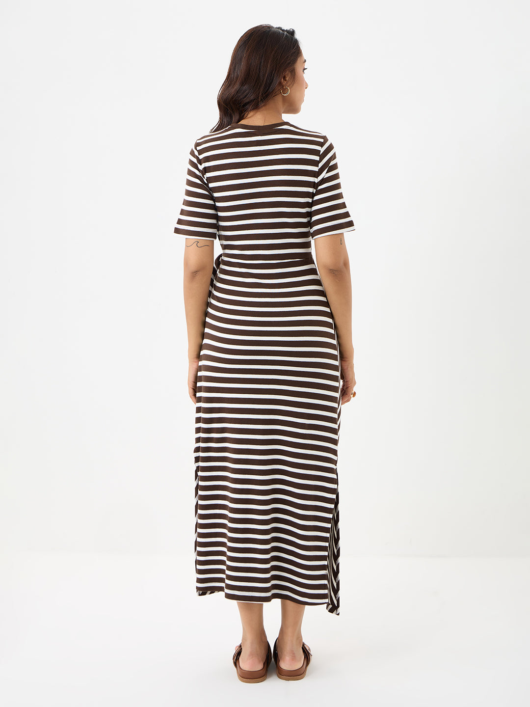 Brown Cotton Stripe Tie-up Maxi Dress