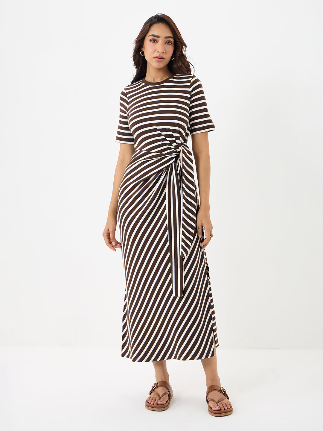 Brown Cotton Stripe Tie-up Maxi Dress