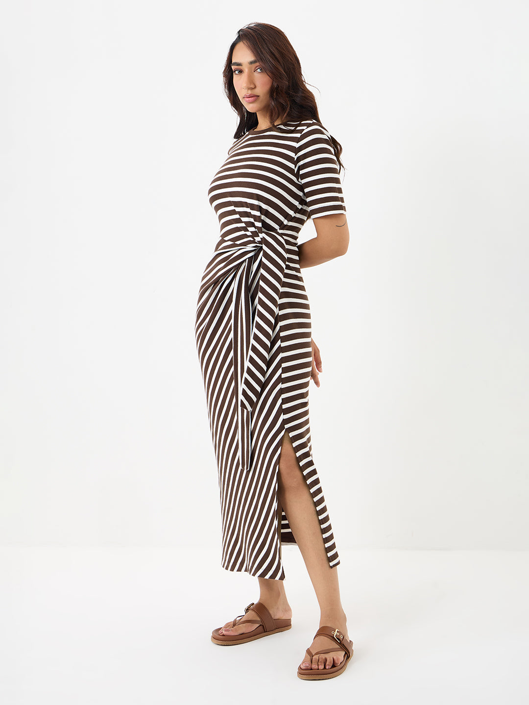 Brown Cotton Stripe Tie-up Maxi Dress