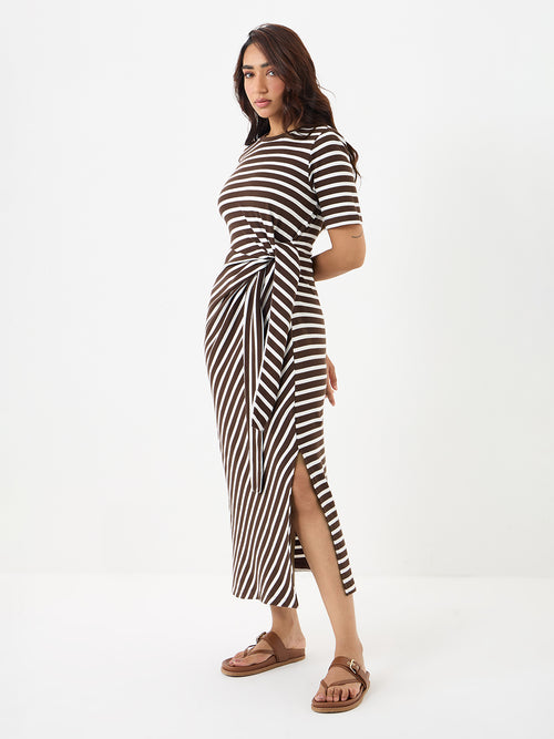 Brown Cotton Stripe Tie-up Maxi Dress