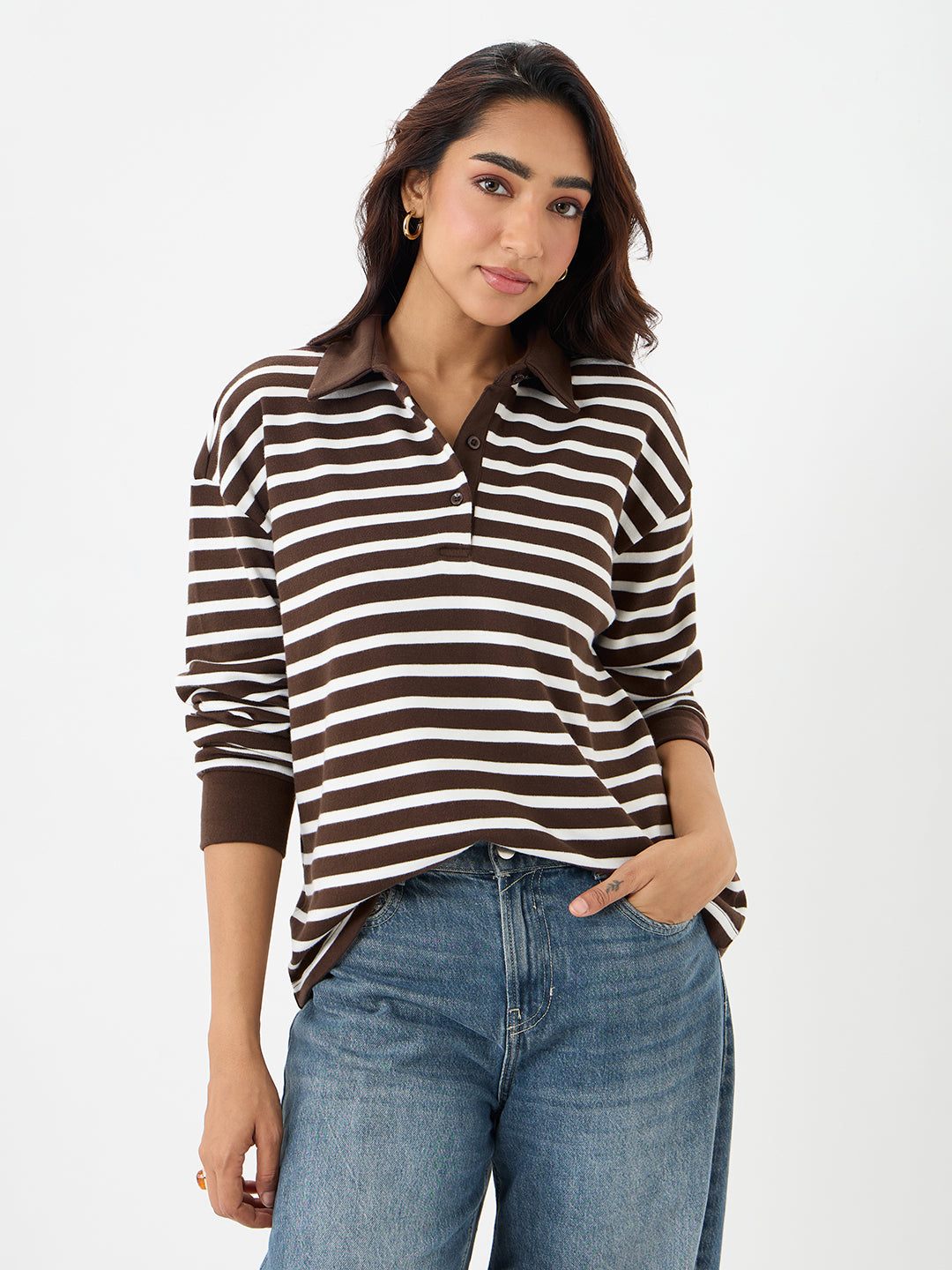 Brown Stripe Collared T-Shirt