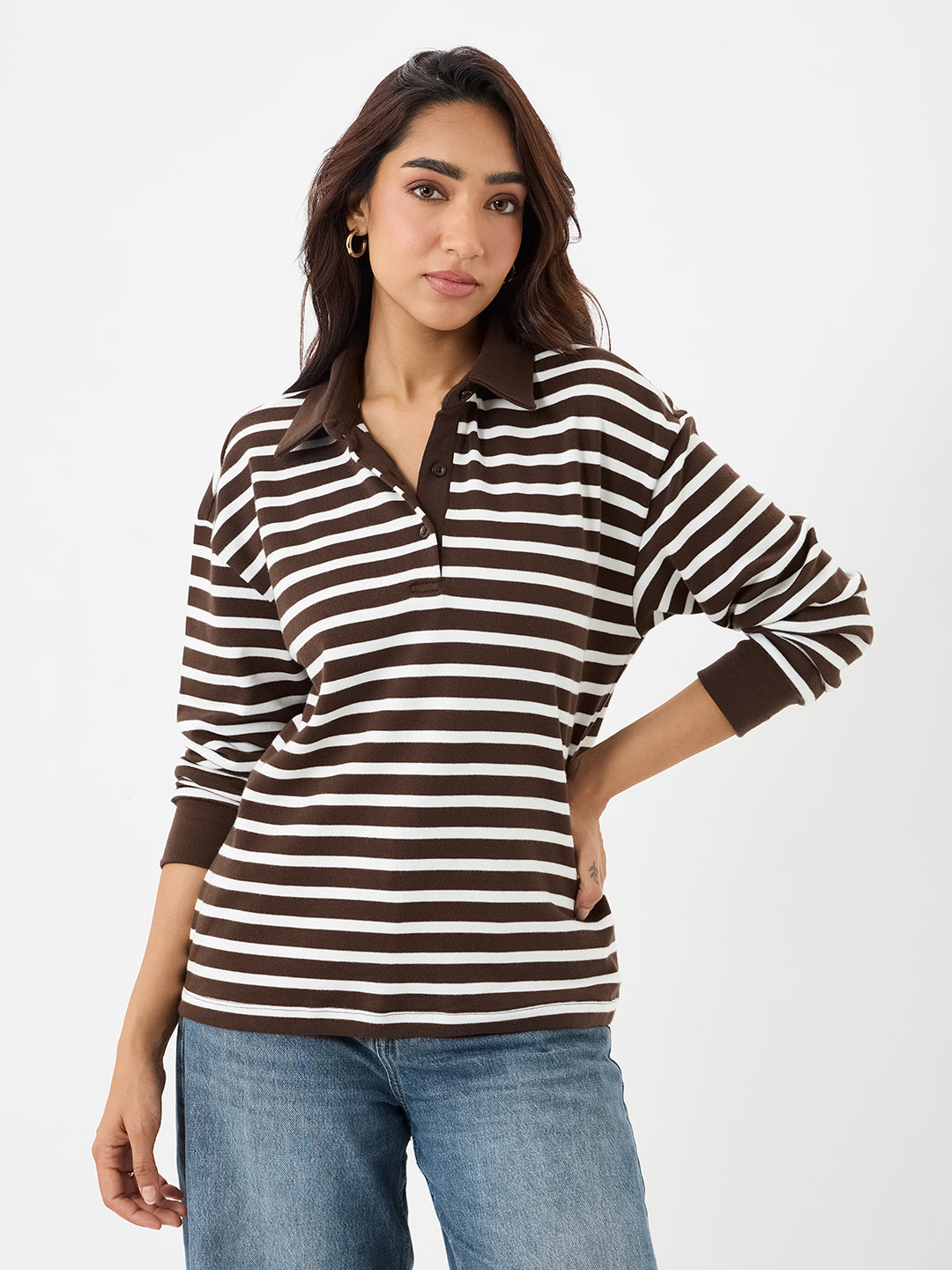 Brown Stripe Collared T-Shirt