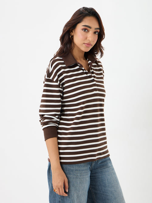Brown Stripe Collared T-Shirt
