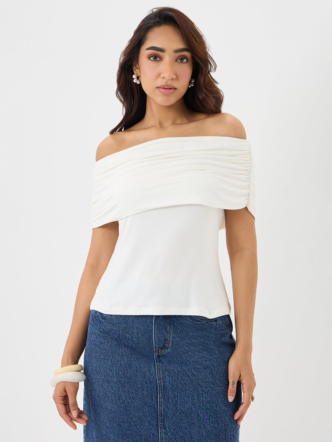Bamboo White Knit Off Shoulder Top