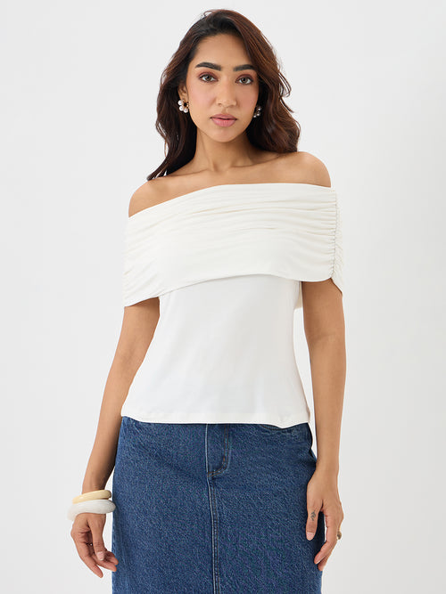 Bamboo White Knit Off Shoulder Top