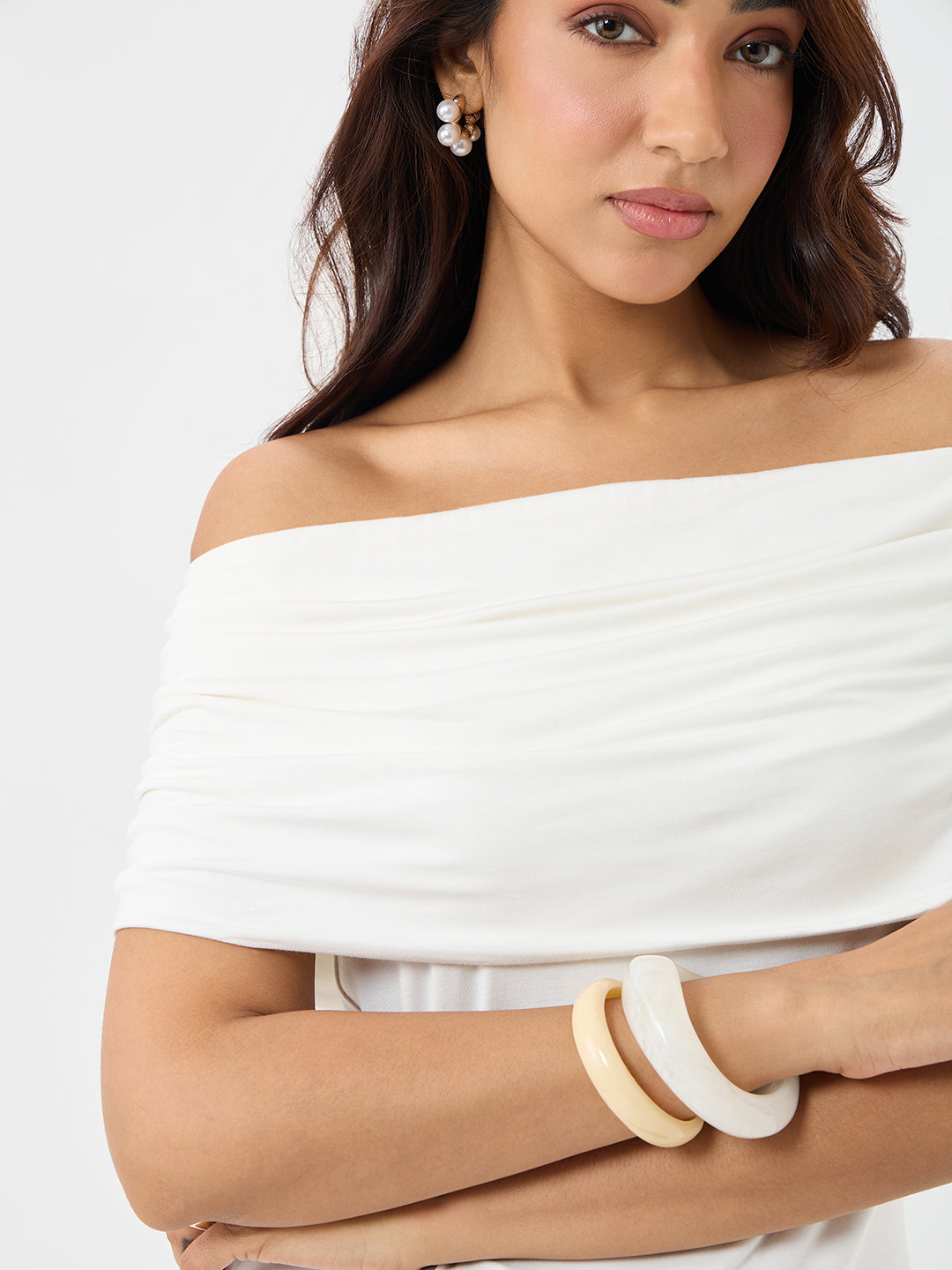 Bamboo White Knit Off Shoulder Top