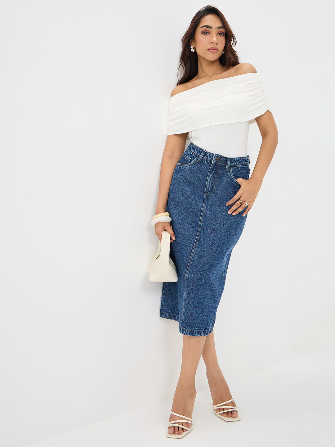 Bamboo White Knit Off Shoulder Top