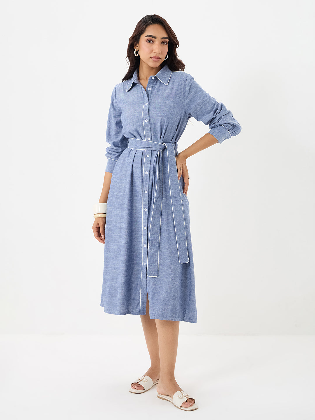 Blue Chambray Colorblock Shirt Midi Dress