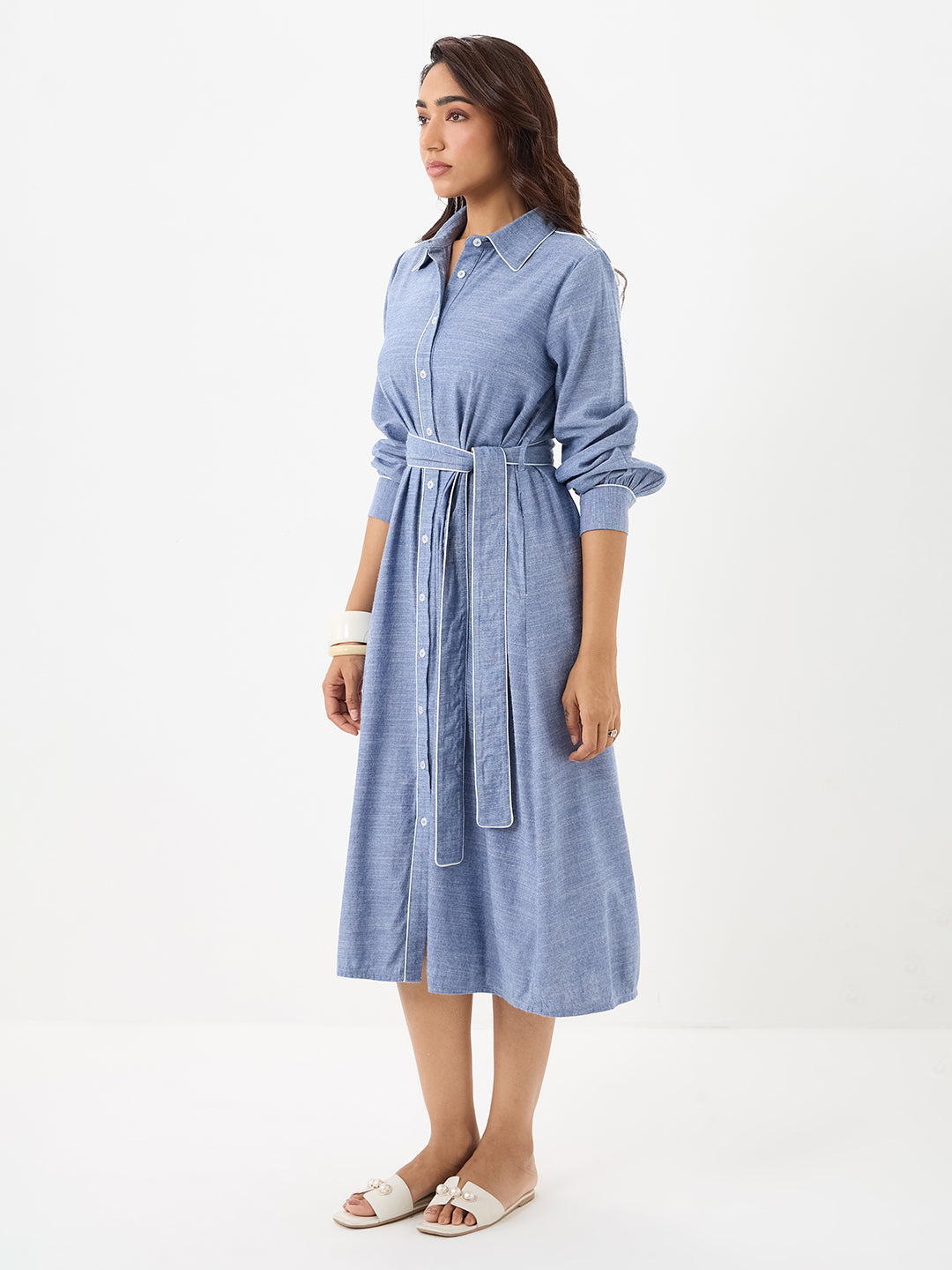 Blue Chambray Colorblock Shirt Midi Dress