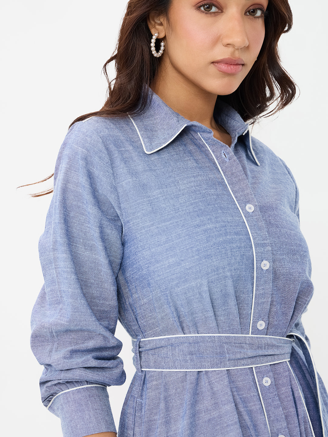 Blue Chambray Colorblock Shirt Midi Dress