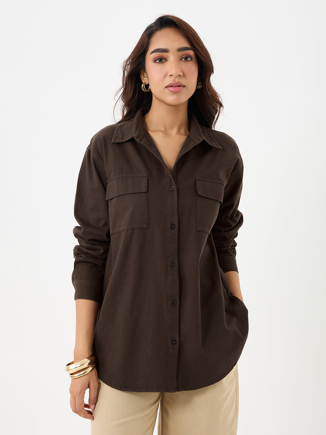 Coffee Brown Twill Oversize Shacket
