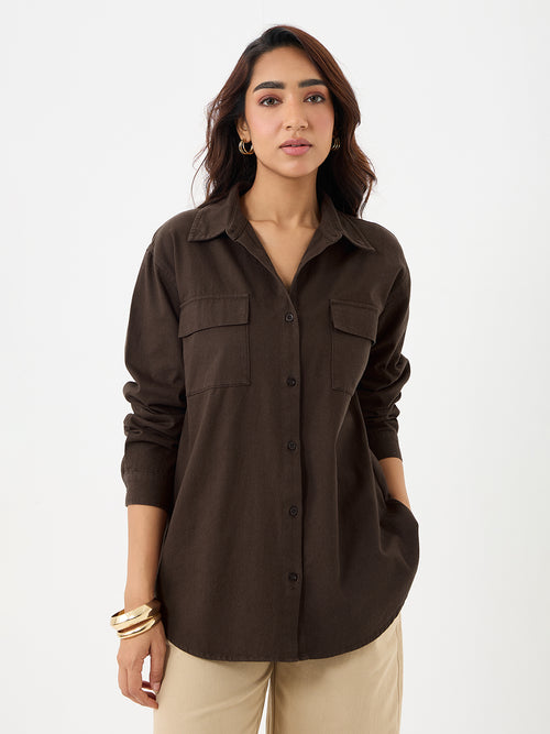 Coffee Brown Twill Oversize Shacket