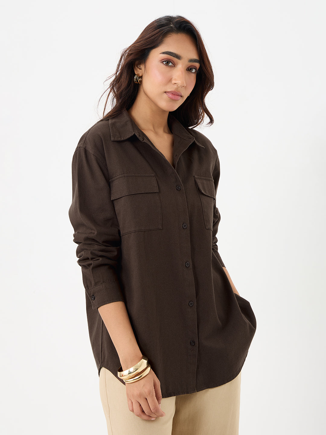 Coffee Brown Twill Oversize Shacket