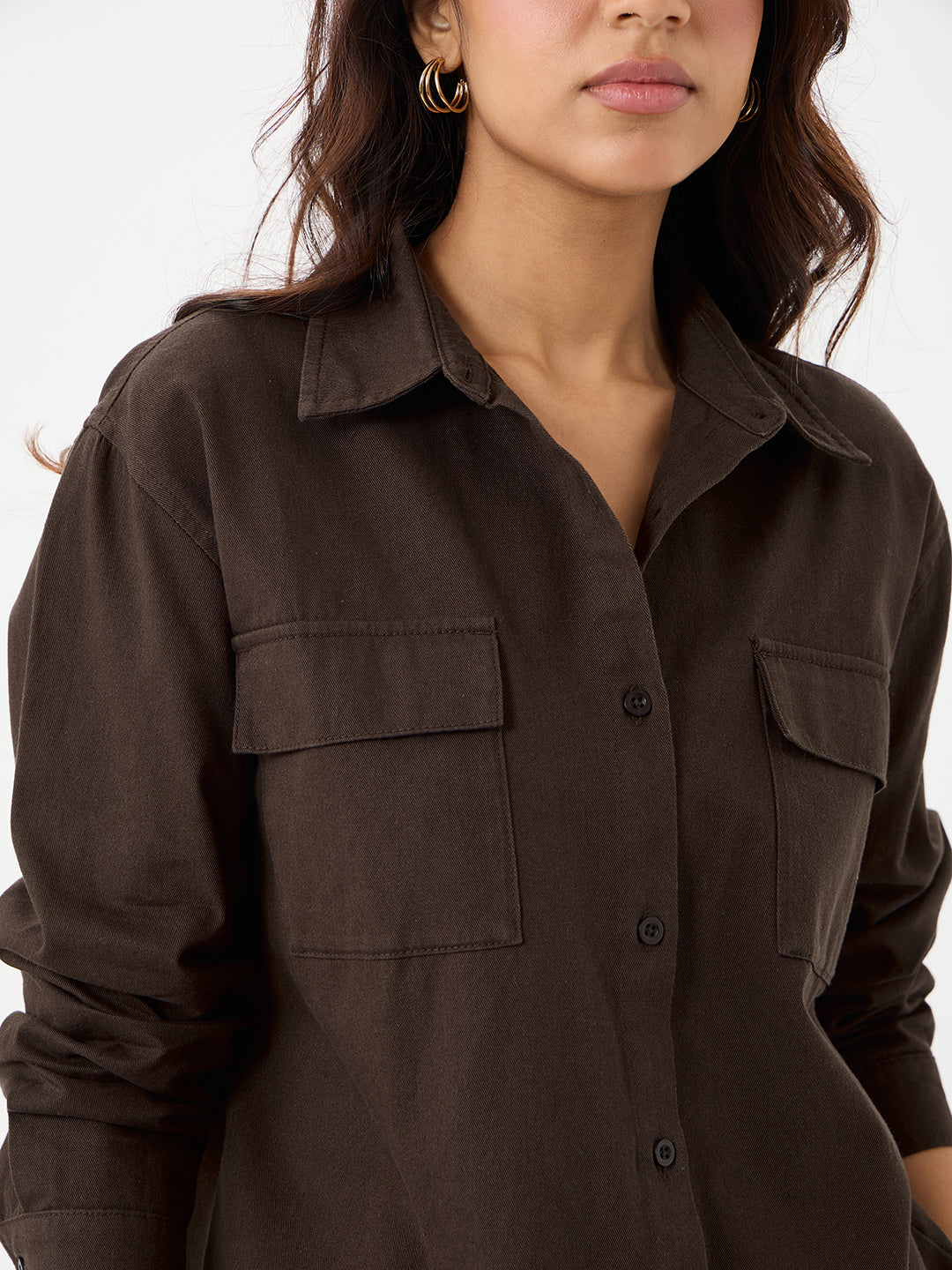 Coffee Brown Twill Oversize Shacket