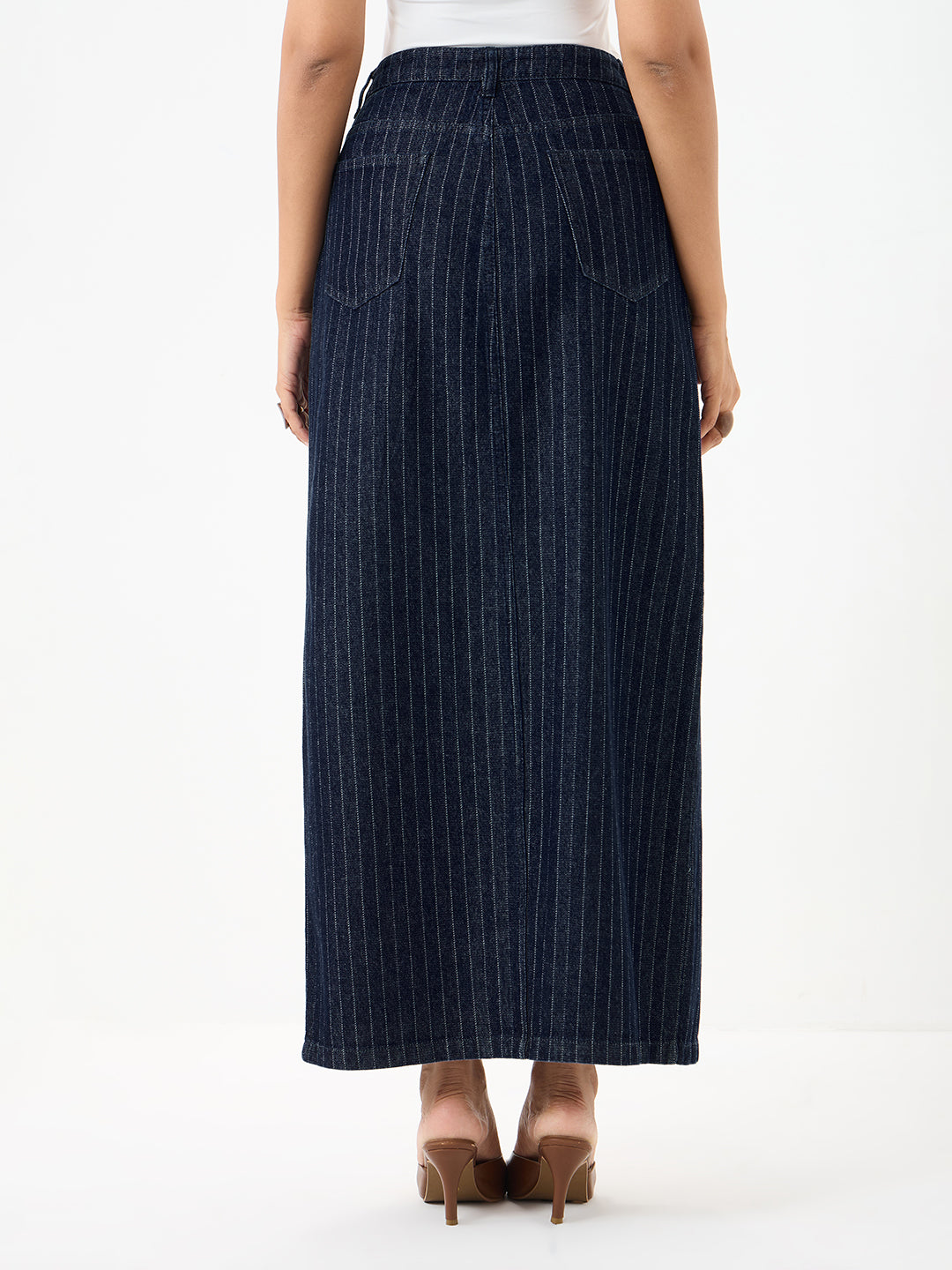 DenimClassic Front Slit Stripe Maxi Skirt
