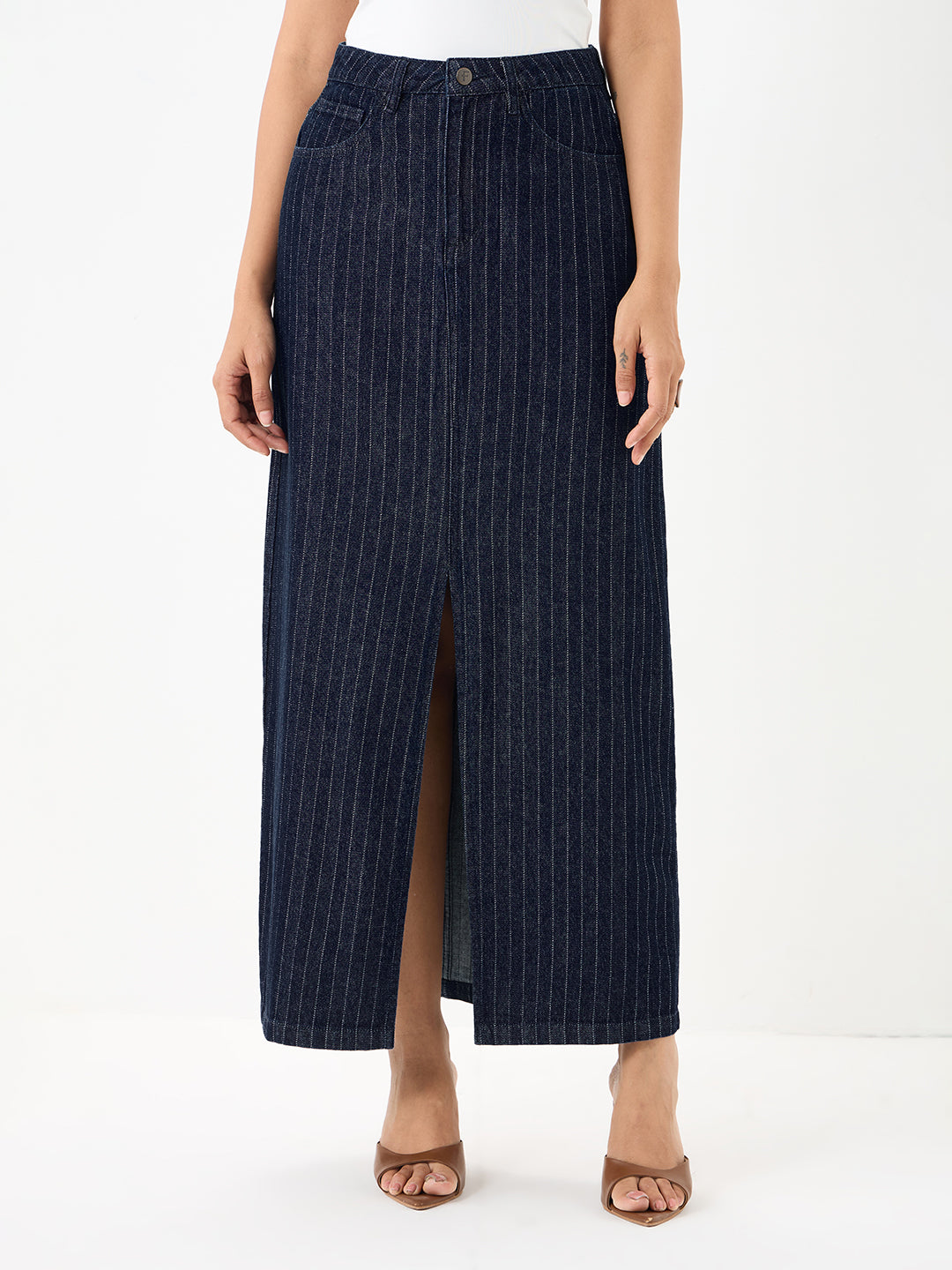 DenimClassic Front Slit Stripe Maxi Skirt