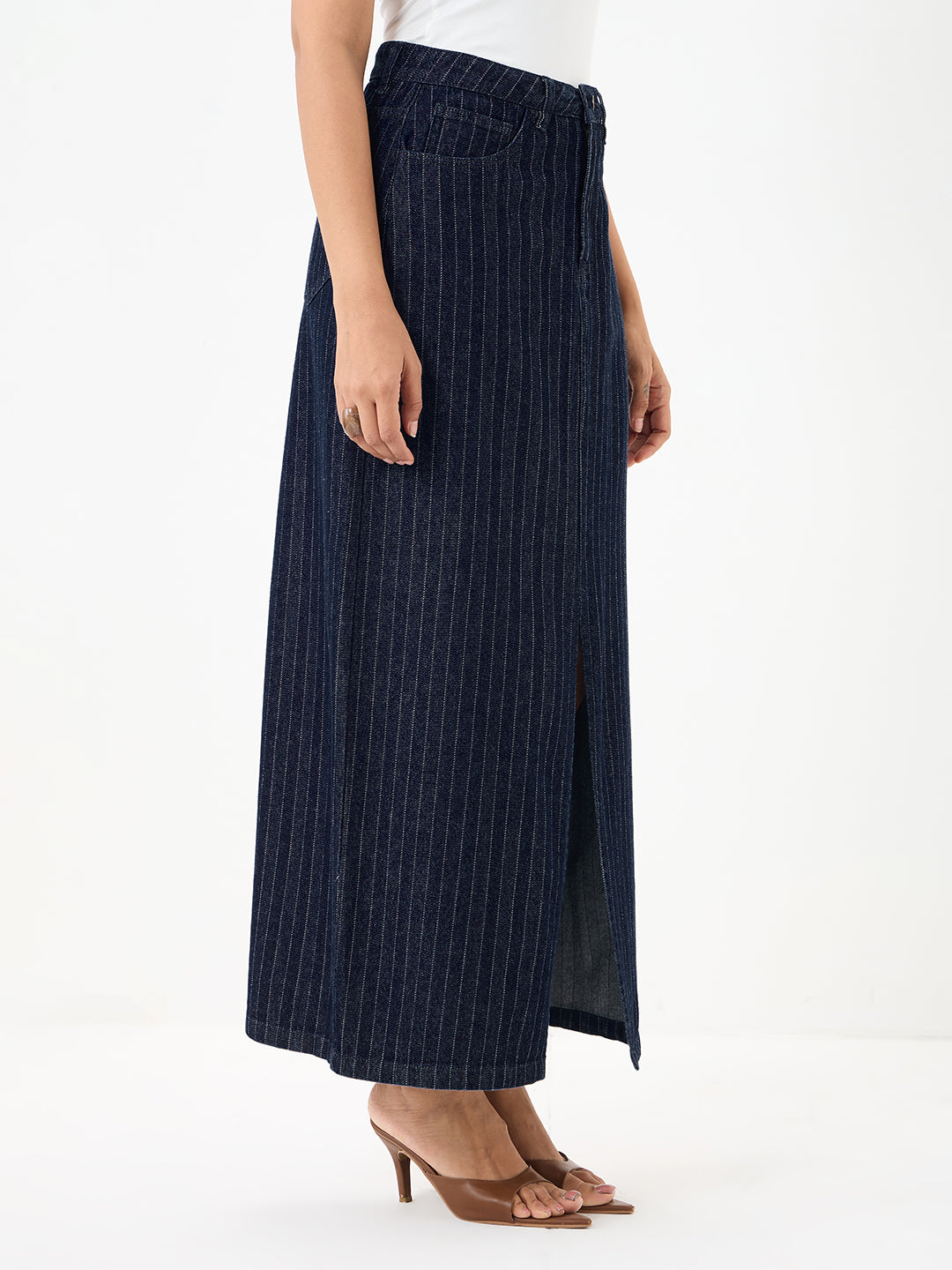 DenimClassic Front Slit Stripe Maxi Skirt