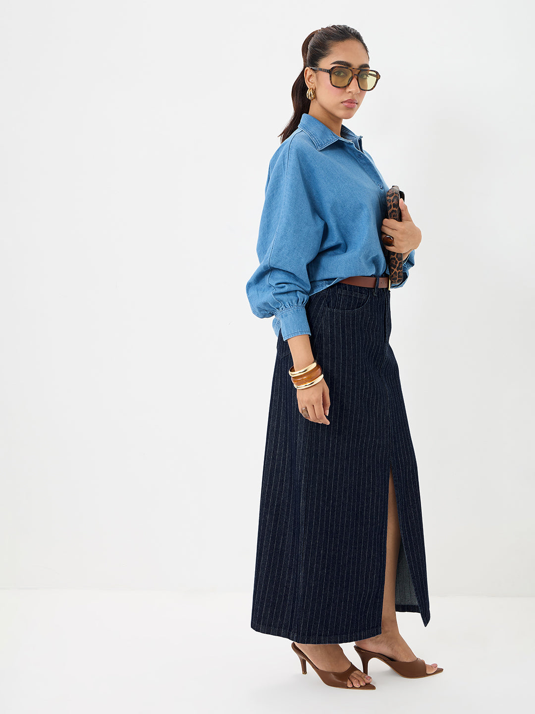 DenimClassic Front Slit Stripe Maxi Skirt