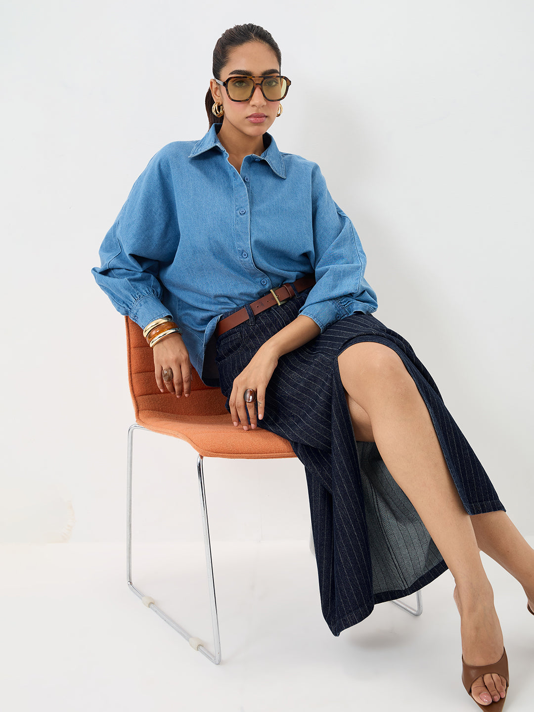 DenimClassic Front Slit Stripe Maxi Skirt