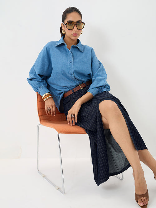 DenimClassic Front Slit Stripe Maxi Skirt