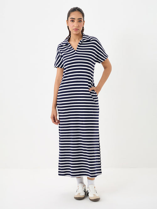 Navy Cotton Stripe Maxi Dress