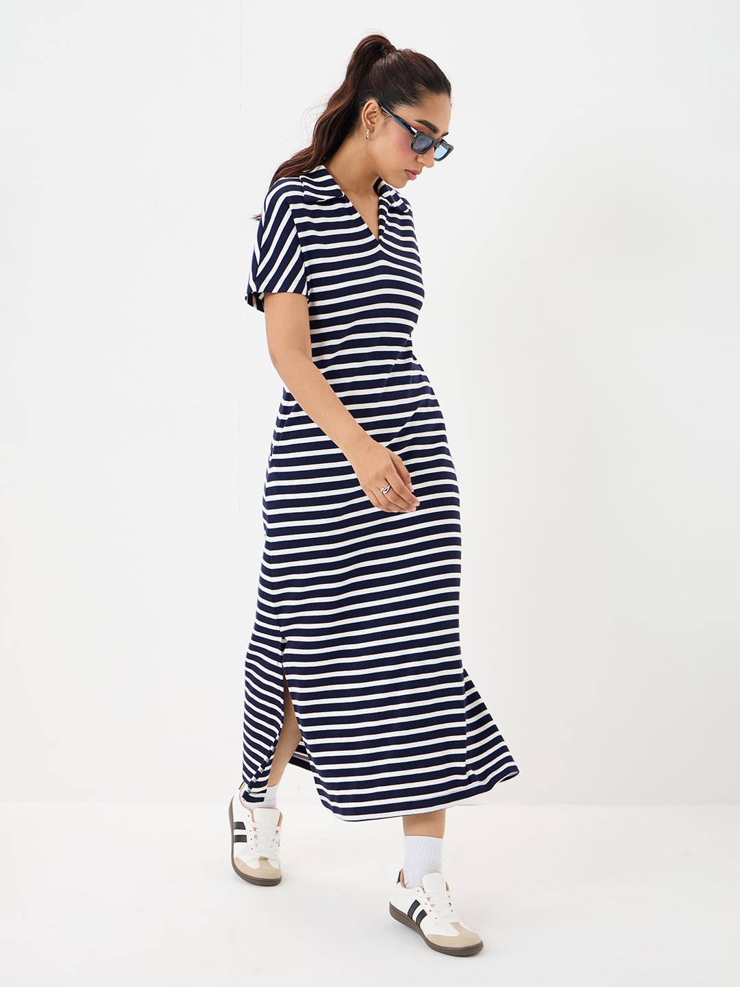Navy Cotton Stripe Maxi Dress
