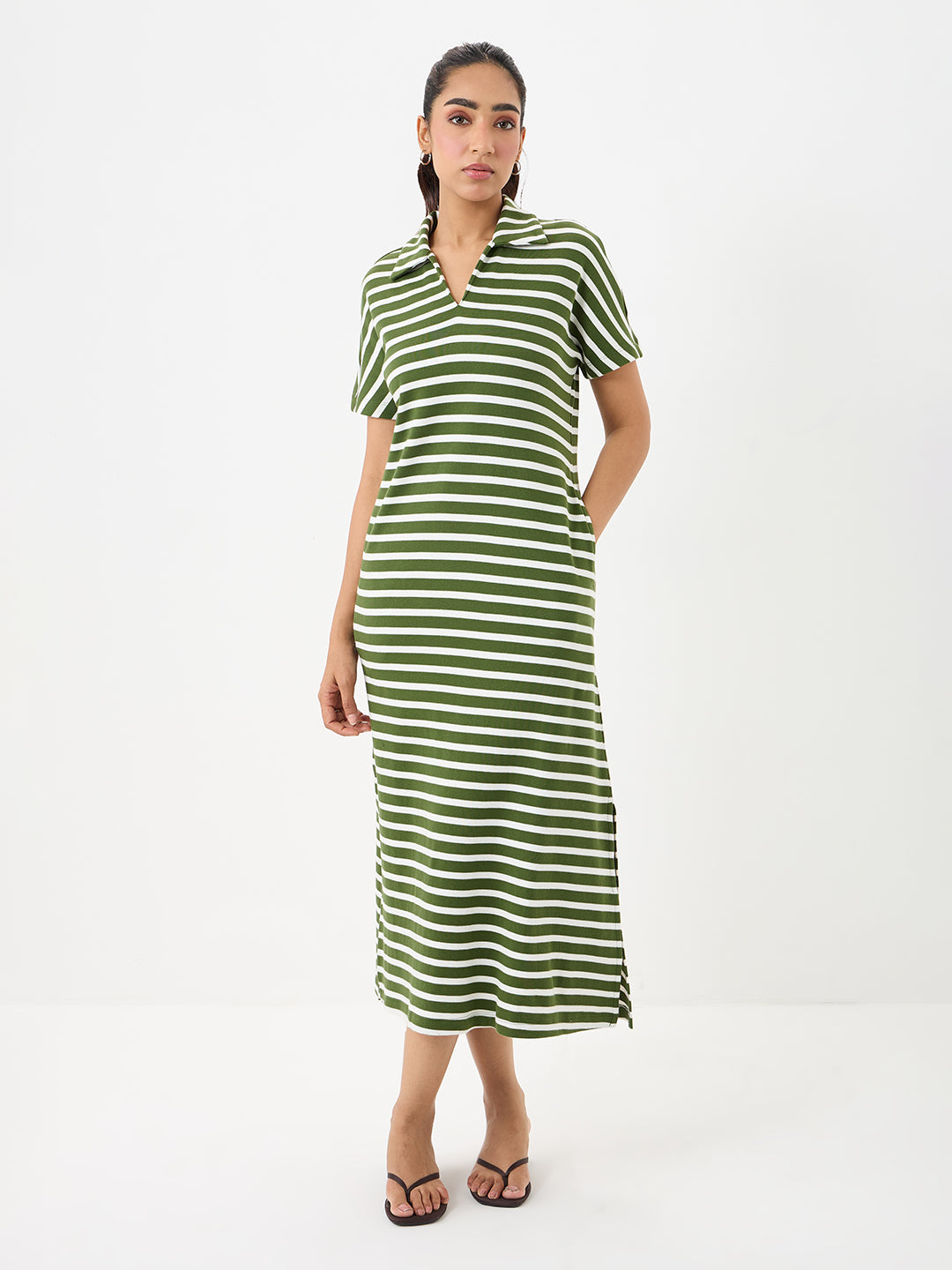 Olive Cotton Stripe Maxi Dress