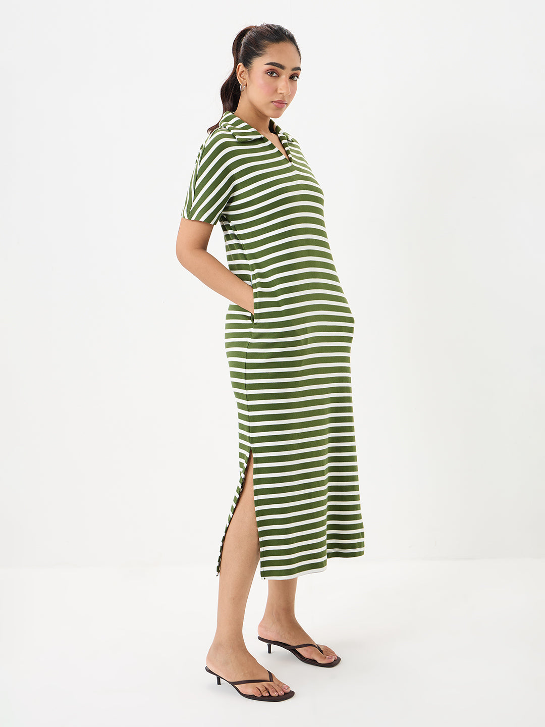 Olive Cotton Stripe Maxi Dress