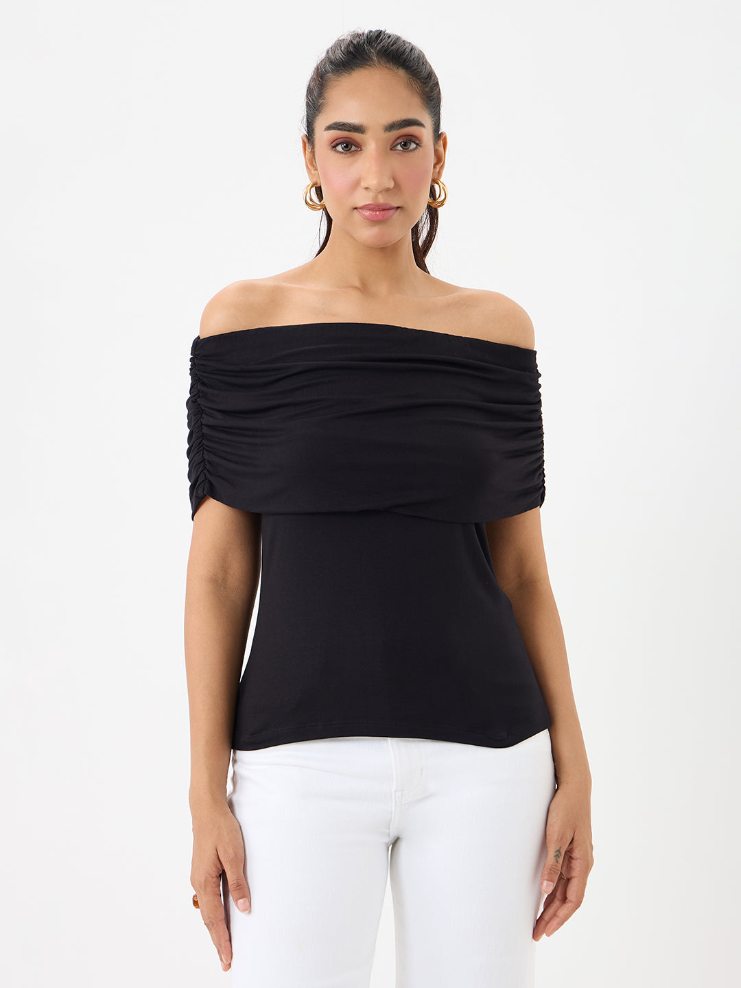 Bamboo Black Knit Off Shoulder Top