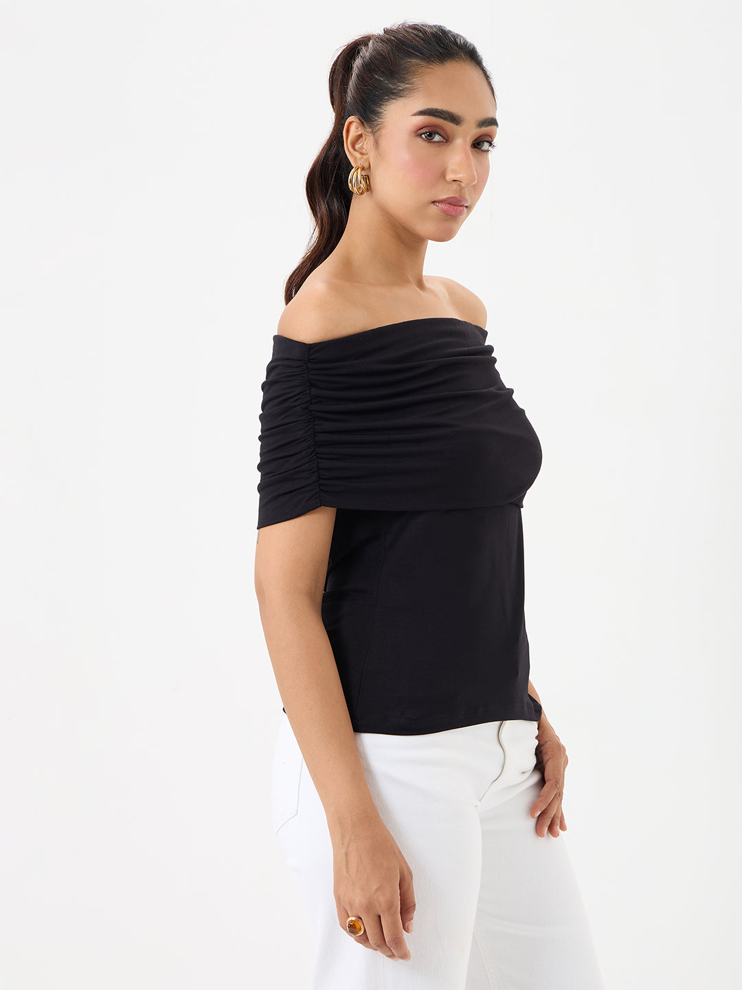 Bamboo Black Knit Off Shoulder Top