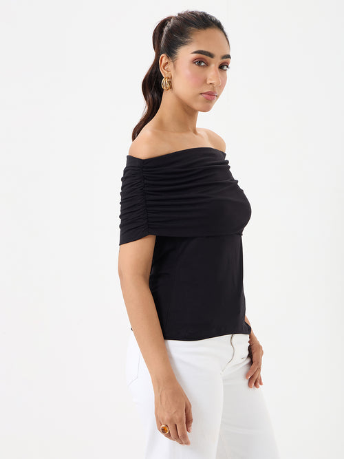Bamboo Black Knit Off Shoulder Top